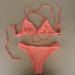 Women’s Triangle Bikini Set Size 4 Peach Cheeky Fit Halter Neck Lace-Up Swimwear